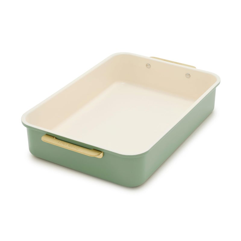 Greenpan صينية كعك مستطيلة 13 بوصة × 9 بوصة من جرين بان، صينية خبز سيراميكية غير لاصقة، خالية من PFAS و BPA، مقابض ذهبية، فولاذ متين، صينية من الفريزر إلى الفرن، مقاومة للخدش، أدوات خبز وشواء، أخضر حكيم - Image 1