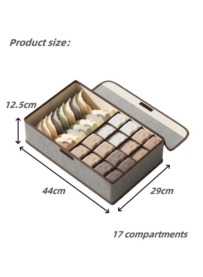 Aikenn Underwear Storage Box Foldable Wardrobe Organizer Dividers Drawer Organizer Honeycomb Organizer Cotton And Linen Material With Lid Dust-Proof Magic Velcro Can Store Underwear Socks Clothe Gray 17 Grid  - Image 2