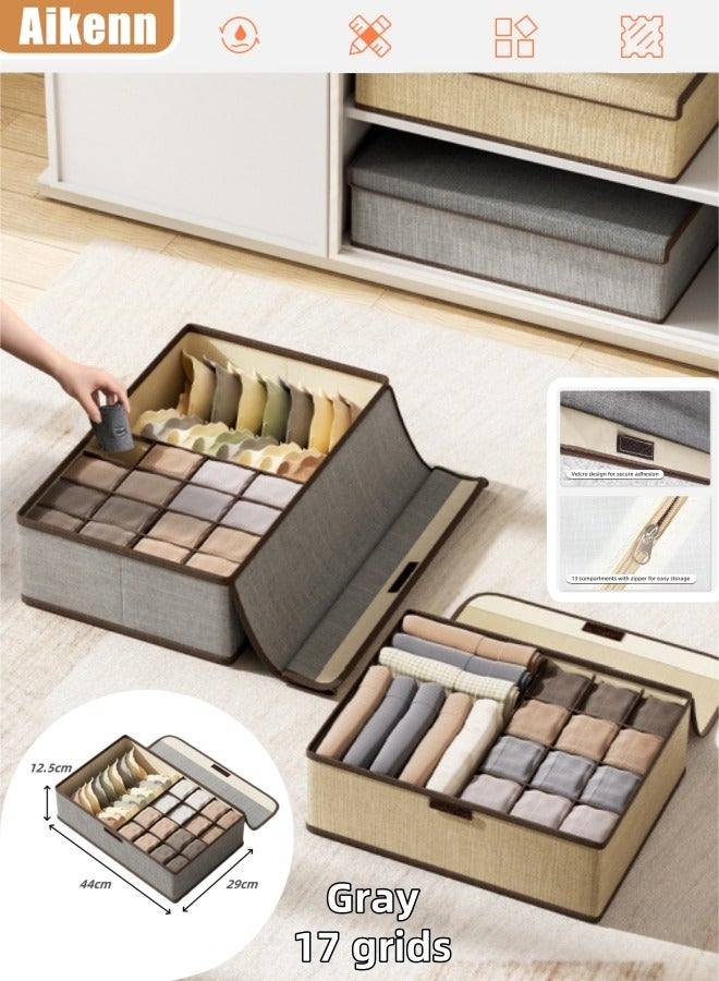 Aikenn Underwear Storage Box Foldable Wardrobe Organizer Dividers Drawer Organizer Honeycomb Organizer Cotton And Linen Material With Lid Dust-Proof Magic Velcro Can Store Underwear Socks Clothe Gray 17 Grid  - Image 1