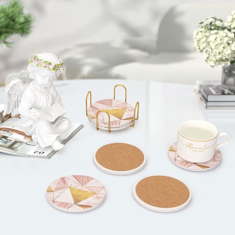 Deceram Modern Marble Coasters with Holder Absorbent Drink Coaster Set of 6 Pink Ceramic Cup Coasters Gift Decorative Coffee Table Coasters Cute Bar Coaster Beverages Tea Cork Coasters - Image 5