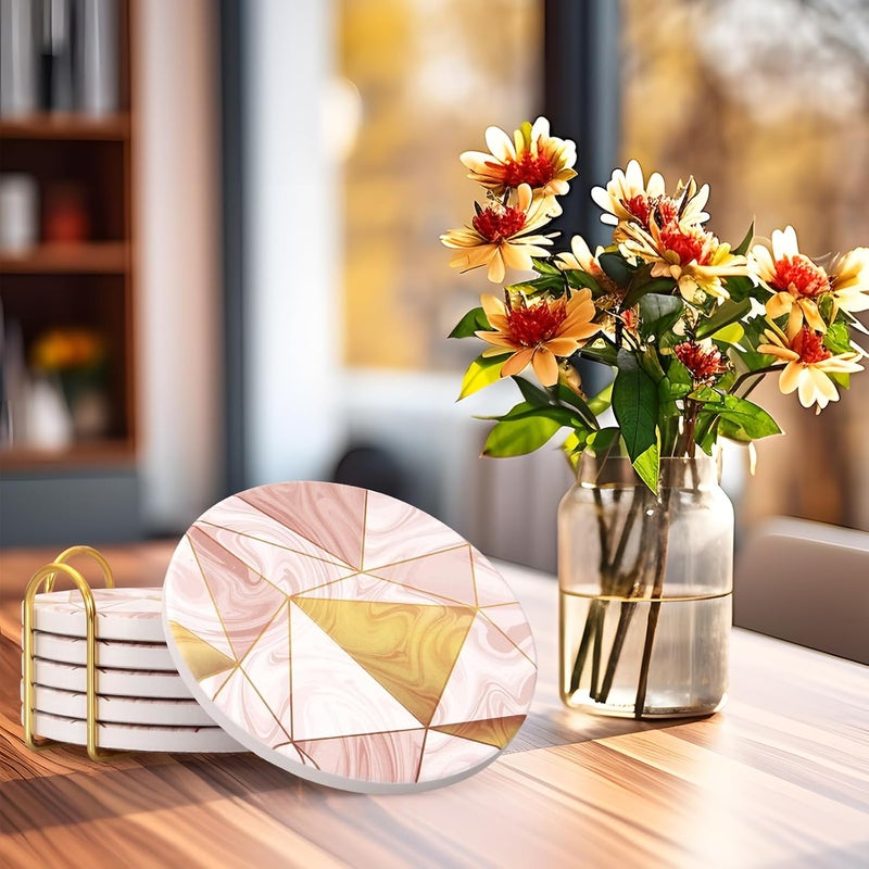 Deceram Modern Marble Coasters with Holder Absorbent Drink Coaster Set of 6 Pink Ceramic Cup Coasters Gift Decorative Coffee Table Coasters Cute Bar Coaster Beverages Tea Cork Coasters - Image 4