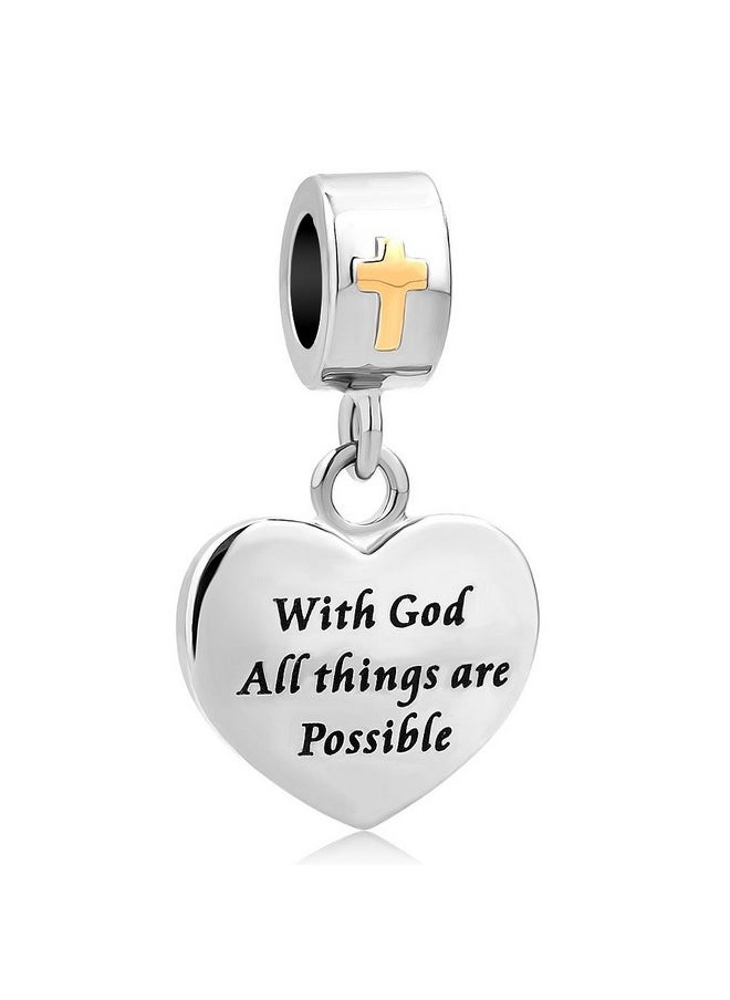 StickAny - Lovelycharms Cross Charm With God All Things Are Possible Religious Dangle Bead Fits European Bracelets (Heart) - Image 1