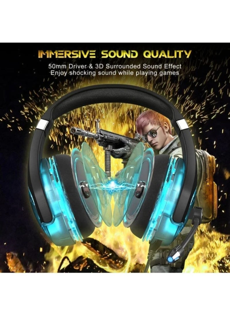 أونيكوما سماعة رأس ستيريو محيطية للألعاب مع ميكروفون وإضاءة LED (أسود وأزرق) - Image 3