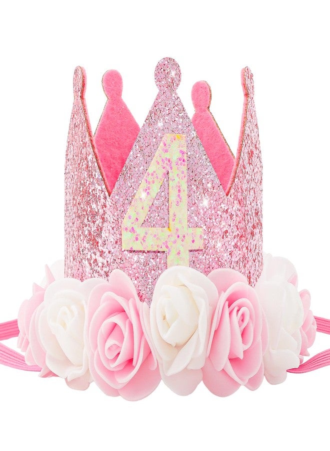 SuPoo 4th Birthday Crown Pink Princess Crown Hat Outfit Sequin Birthday Decorations for Girls Glitter Tiara Headband Rose Flower Party Decorations 4 Year Old Gift For Girls Photo Props - Image 1