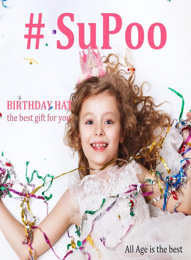 SuPoo 4th Birthday Crown Pink Princess Crown Hat Outfit Sequin Birthday Decorations for Girls Glitter Tiara Headband Rose Flower Party Decorations 4 Year Old Gift For Girls Photo Props - Image 3