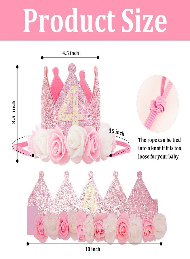 SuPoo 4th Birthday Crown Pink Princess Crown Hat Outfit Sequin Birthday Decorations for Girls Glitter Tiara Headband Rose Flower Party Decorations 4 Year Old Gift For Girls Photo Props - Image 2
