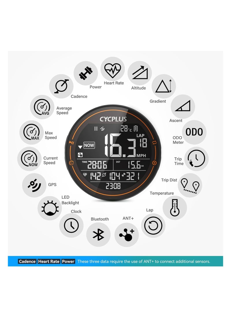 سي واي سي بلس - كمبيوتر الدراجة CYCPLUS M2 GPS - عداد سرعة ومسافة مبتكر للدراجة - شاشة LCD مقاس 2.5 بوصة مضادة للتوهج، 13 مقياس بيانات، عمر بطارية 30 ساعة - Image 1