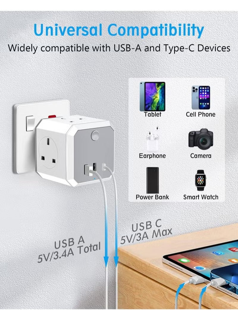 MIXDE Plug Adapter with 3 USB, 4 Way Multi Plug Extension USB C Wall Socket Adaptor, 13A Cube Multiplug Switched Power Extender for Home, Office, Kitchen - Image 3