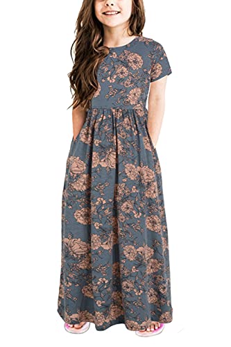 GORLYA Girl's Short Sleeve Floral Print Loose Casual Holiday Long Maxi Dress with Pockets 4-12 Years (11-12Years/Height:150cm, Grey Print) - Image 1