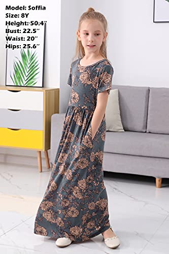 GORLYA Girl's Short Sleeve Floral Print Loose Casual Holiday Long Maxi Dress with Pockets 4-12 Years (11-12Years/Height:150cm, Grey Print) - Image 3