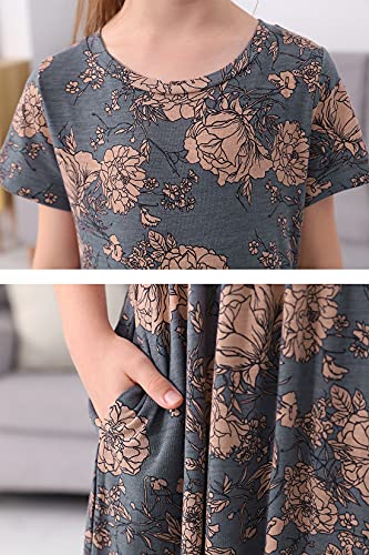 GORLYA Girl's Short Sleeve Floral Print Loose Casual Holiday Long Maxi Dress with Pockets 4-12 Years (11-12Years/Height:150cm, Grey Print) - Image 5