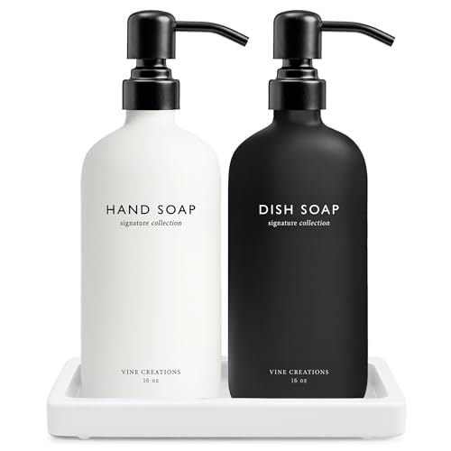 Vine Creations Glass Soap Dispenser Set, Kitchen Soap Dispenser Set with Ceramic Tray, 16 oz Dish Soap and Hand Soap Dispensers with Stainless Steel Pump Decor (White and Black Bottles/Matte Black) - Image 1