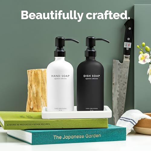 Vine Creations Glass Soap Dispenser Set, Kitchen Soap Dispenser Set with Ceramic Tray, 16 oz Dish Soap and Hand Soap Dispensers with Stainless Steel Pump Decor (White and Black Bottles/Matte Black) - Image 2