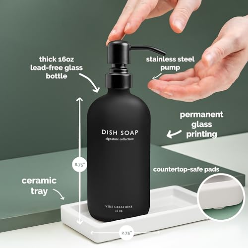 Vine Creations Glass Soap Dispenser Set, Kitchen Soap Dispenser Set with Ceramic Tray, 16 oz Dish Soap and Hand Soap Dispensers with Stainless Steel Pump Decor (White and Black Bottles/Matte Black) - Image 4