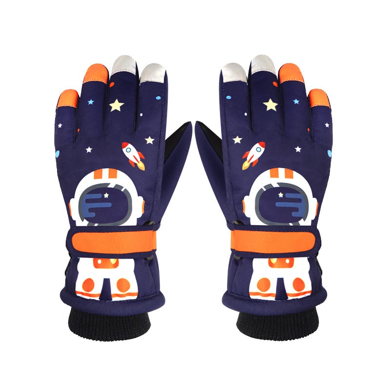 Kids Winter Ski Gloves Astronaut Cartoon Touchscreen Navy blue  - Image 1