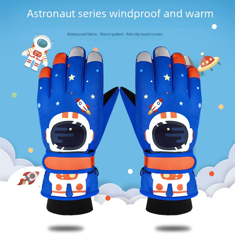 Kids Winter Ski Gloves Astronaut Cartoon Touchscreen Navy blue  - Image 3