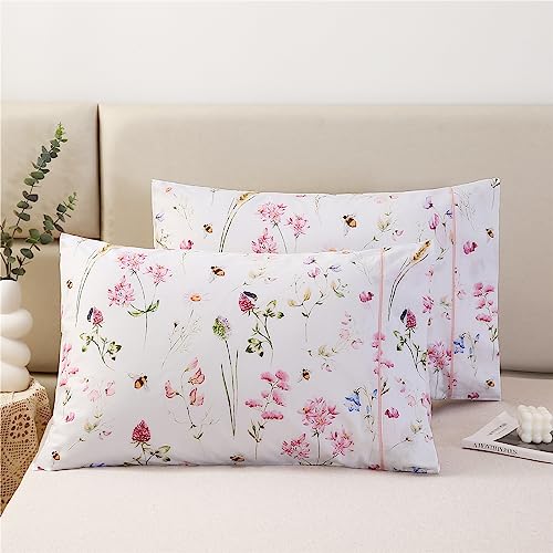 URBONUR 100% Cotton Pillowcases Set of 2 King Size Garden Pink Flowers Bees Printed Pillow Cases Soft Cooling Pillowcase Decorative Pillow Cover (King, 20x36 Inches, Pink Bee) - Image 1