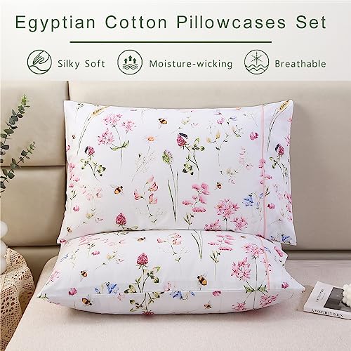 URBONUR 100% Cotton Pillowcases Set of 2 King Size Garden Pink Flowers Bees Printed Pillow Cases Soft Cooling Pillowcase Decorative Pillow Cover (King, 20x36 Inches, Pink Bee) - Image 2