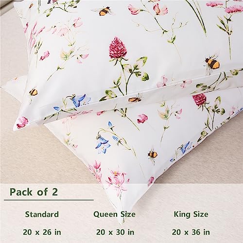 URBONUR 100% Cotton Pillowcases Set of 2 King Size Garden Pink Flowers Bees Printed Pillow Cases Soft Cooling Pillowcase Decorative Pillow Cover (King, 20x36 Inches, Pink Bee) - Image 3