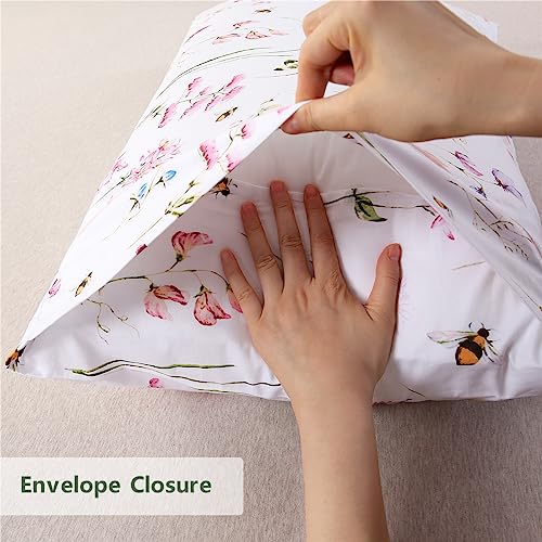 URBONUR 100% Cotton Pillowcases Set of 2 King Size Garden Pink Flowers Bees Printed Pillow Cases Soft Cooling Pillowcase Decorative Pillow Cover (King, 20x36 Inches, Pink Bee) - Image 4
