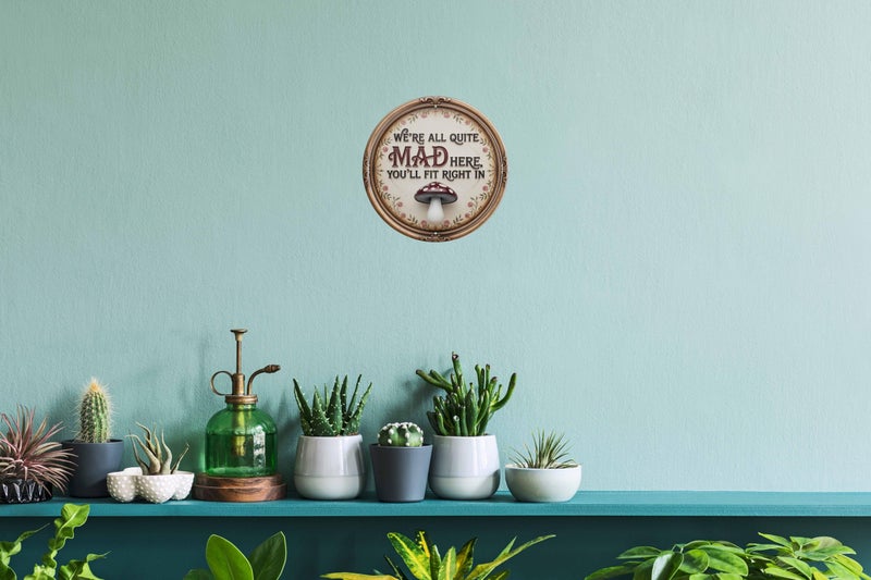 AWISZZZ We're All Mad Here Metal Sign 8x8in Round Literary Plaque for Library Wall Decor Alice Gift - Image 5