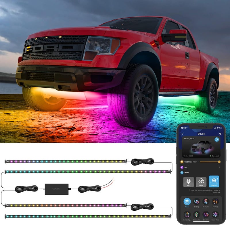 Govee Underglow Car Lights, 4pcs RGBIC Smart LED Lights for Cars with 16 Million Colors and 10 Scene Modes, App Control, Neon Accent Strip Lights for SUVs, Trucks, DC 12-24V | 16 Million Colors, 10 Scene Modes, Neon Accent Strip Lights, for SUVs, Trucks, DC 12-24V - Image 1