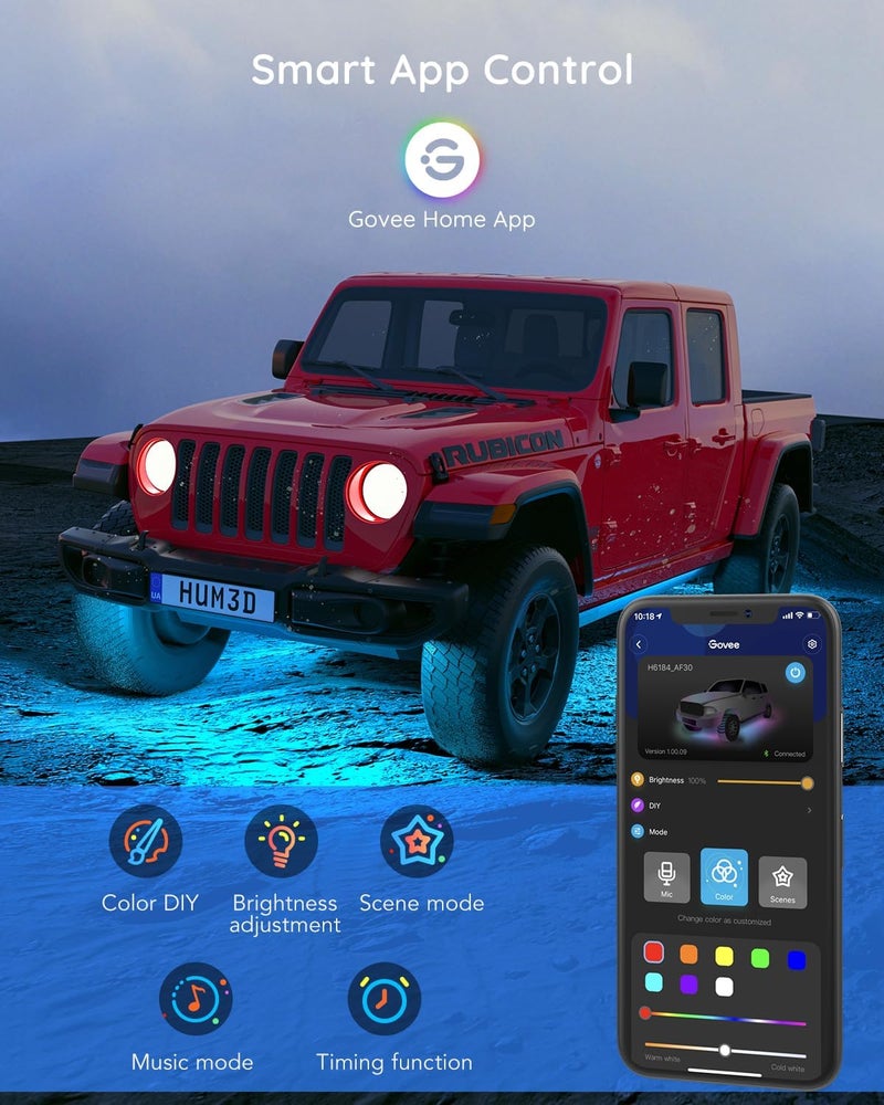 Govee Underglow Car Lights, 4pcs RGBIC Smart LED Lights for Cars with 16 Million Colors and 10 Scene Modes, App Control, Neon Accent Strip Lights for SUVs, Trucks, DC 12-24V | 16 Million Colors, 10 Scene Modes, Neon Accent Strip Lights, for SUVs, Trucks, DC 12-24V - Image 4