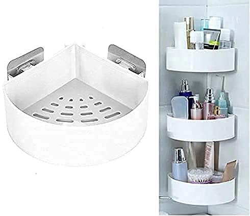 Hetvin Plastic Self-Draining Corner Shelf for Kitchen/Bathroom - Wall Mounted Triangle Storage Rack with Adhesive Mount - Waterproof & Rustproof Organizer for Soap, Sponge & Bottles - Image 1