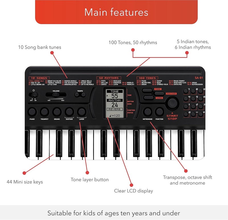 كاسيو Casiotone SA-81 لوحة مفاتيح مصغرة، 44 مفتاحًا، 100 نغمة، 50 إيقاعًا، 100 أغنية مدمجة، 32 صوتًا (تعدد الأصوات). (بدون محول طاقة مرفق) - Image 2