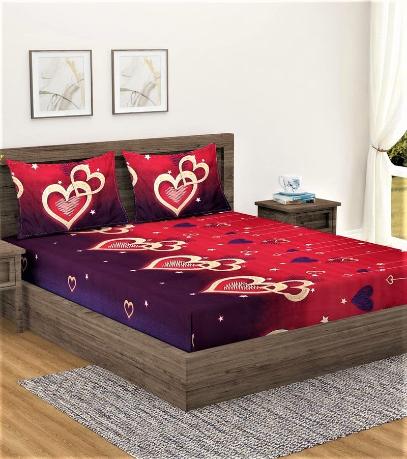 Fashion String 144 TC Microfibre Double Heart Cherry Red Double Bedsheet with 2 Pillow Covers - Image 1
