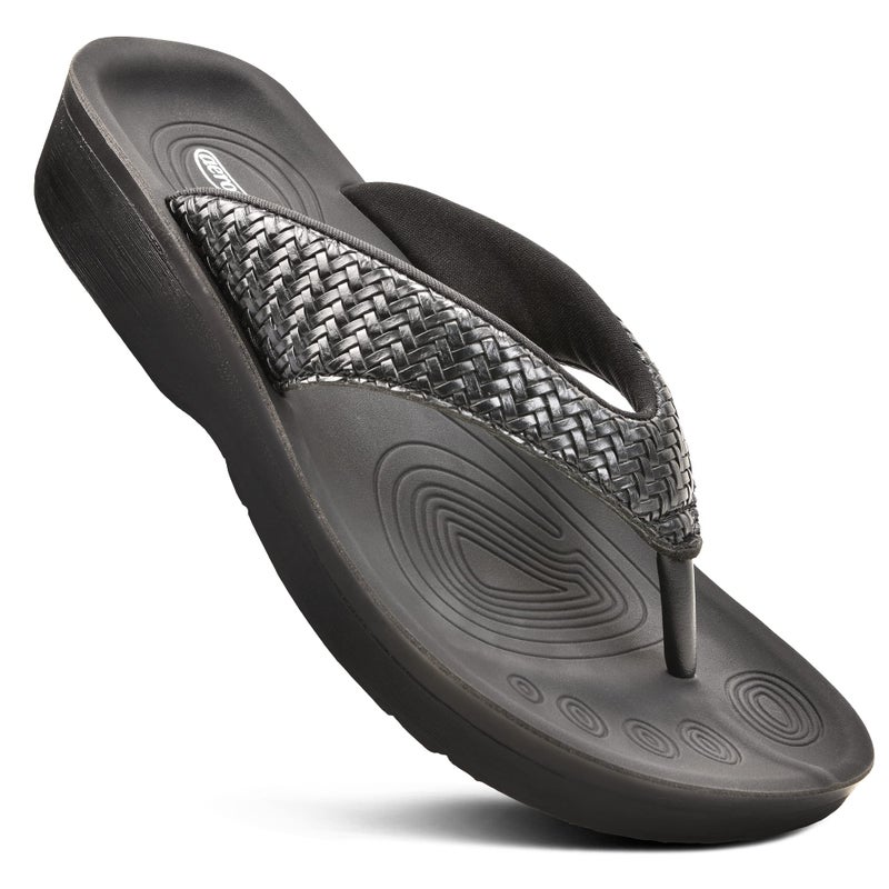 AEROTHOTIC Flip Flops for Women with Arch Support Plantar Fasciitis Orthopedic Cushioned Footbed Comfortable Non-Slip Sole with Padded Straps Dressy Casual Recovery Women Sandals (Dune Black, Size 8) - Image 1