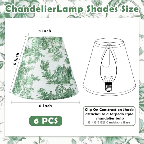 VIHOSE 6 Pcs Chandelier Lamp Shades Small Lamp Shade 3 Top x 6 Bottom x 5 Slant French Countryside Toile Clip on Lampshade for Wall Sconces Pendant LightingCrane and HumanGreen - Image 3