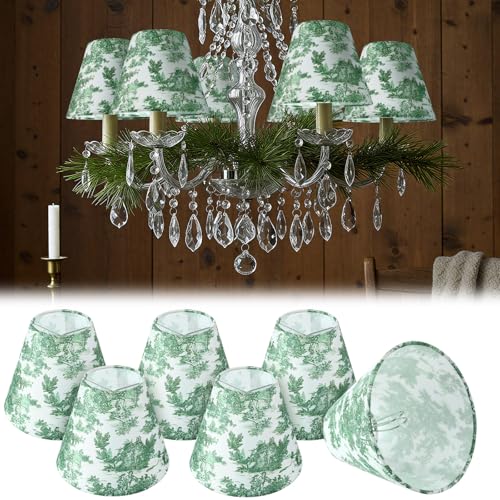 VIHOSE 6 Pcs Chandelier Lamp Shades Small Lamp Shade 3 Top x 6 Bottom x 5 Slant French Countryside Toile Clip on Lampshade for Wall Sconces Pendant LightingCrane and HumanGreen - Image 1