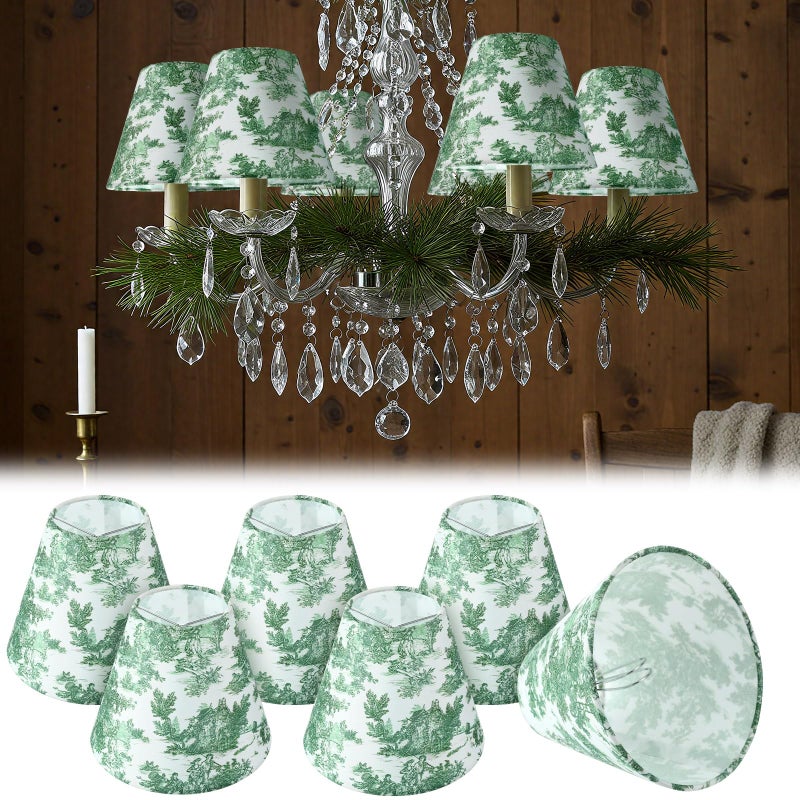 VIHOSE 6 Pcs Chandelier Lamp Shades Small Lamp Shade 3 Top x 6 Bottom x 5 Slant French Countryside Toile Clip on Lampshade for Wall Sconces Pendant LightingCrane and HumanGreen - Image 2