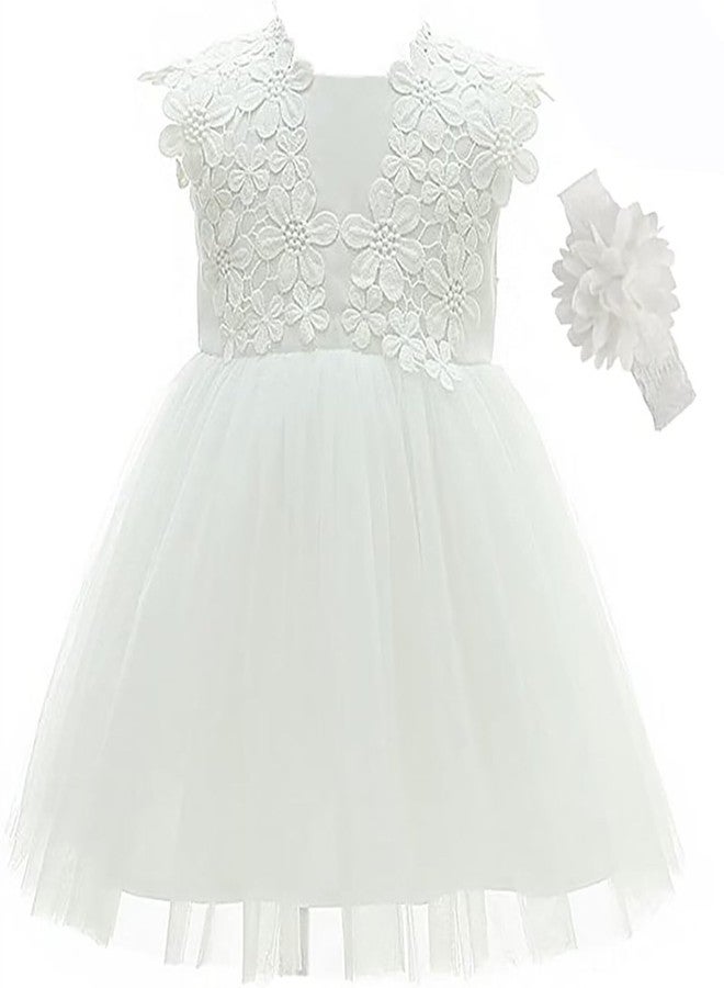 Leideur Baby Girls White Christening Dress with Bonnet Newborn Baptism Gown Lace Dress for Wedding Birthday (White 2, 6M) - Image 1