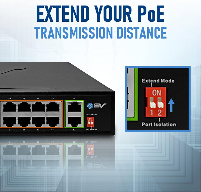 BV -Tech 18 Ports Long Range PoE+ Switch (16 PoE+ Ports | 2 Gigabit Ethernet uplink) - 19" Rackmount - 135W - 802.3af/at -Desktop Design for Easy Set Up - Image 3