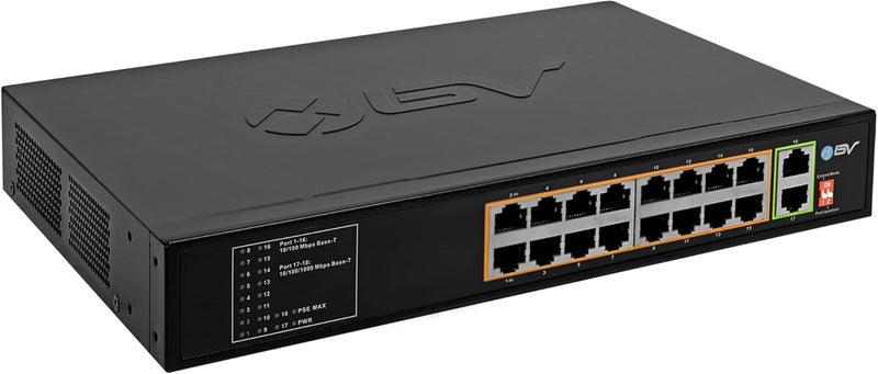 BV -Tech 18 Ports Long Range PoE+ Switch (16 PoE+ Ports | 2 Gigabit Ethernet uplink) - 19" Rackmount - 135W - 802.3af/at -Desktop Design for Easy Set Up - Image 1