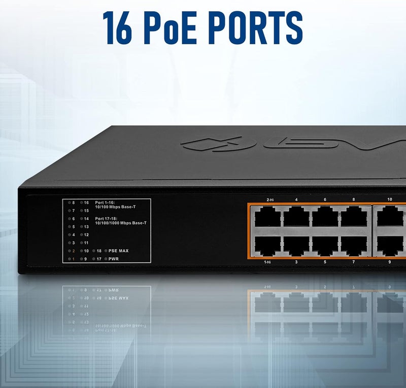 BV -Tech 18 Ports Long Range PoE+ Switch (16 PoE+ Ports | 2 Gigabit Ethernet uplink) - 19" Rackmount - 135W - 802.3af/at -Desktop Design for Easy Set Up - Image 2