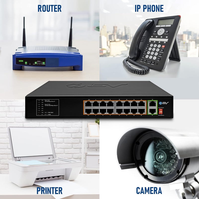 BV -Tech 18 Ports Long Range PoE+ Switch (16 PoE+ Ports | 2 Gigabit Ethernet uplink) - 19" Rackmount - 135W - 802.3af/at -Desktop Design for Easy Set Up - Image 5