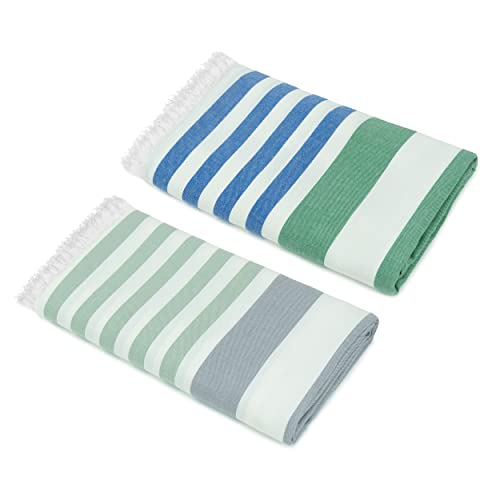 Mush Extra Large Cabana Style Turkish Towel | 100% Bamboo Bath Towel - (90 x 160 cms) - Ideal for Beach, Bath, Pool etc (Light Green-Grey & Blue-Dark Green, 2) - Image 1