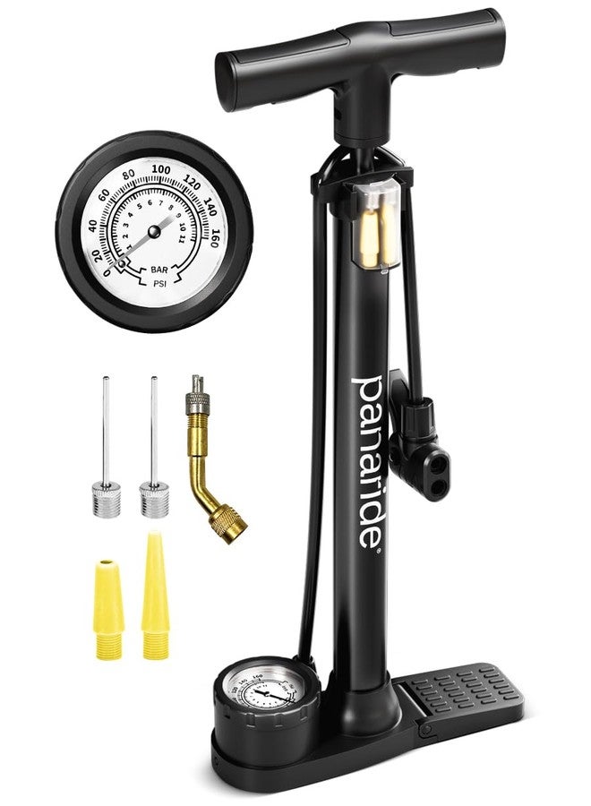 panaride Bike Pump with Gauge - Floor Bike Pumps for Road & Mountain Bikes, Presta & Schrader Valve, 160 PSI, 2-Inch Dial, Includes Needle & Ball Adapters, Foldable Footrest, Angle Adapter - Image 1