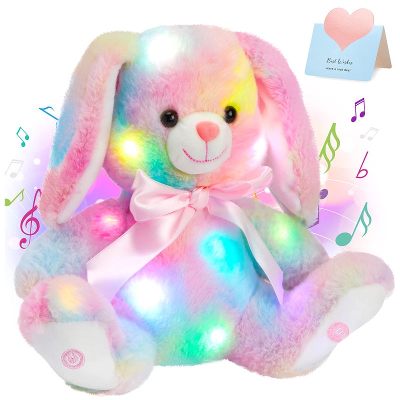 Glow Guards 10'' Easter Light up Musical Bunny Stuffed Animal Rainbow Lop Eared Rabbit Glowing Singing Plush Toy Lullaby Bed Night Light Birthday for Toddler Kids - Image 1