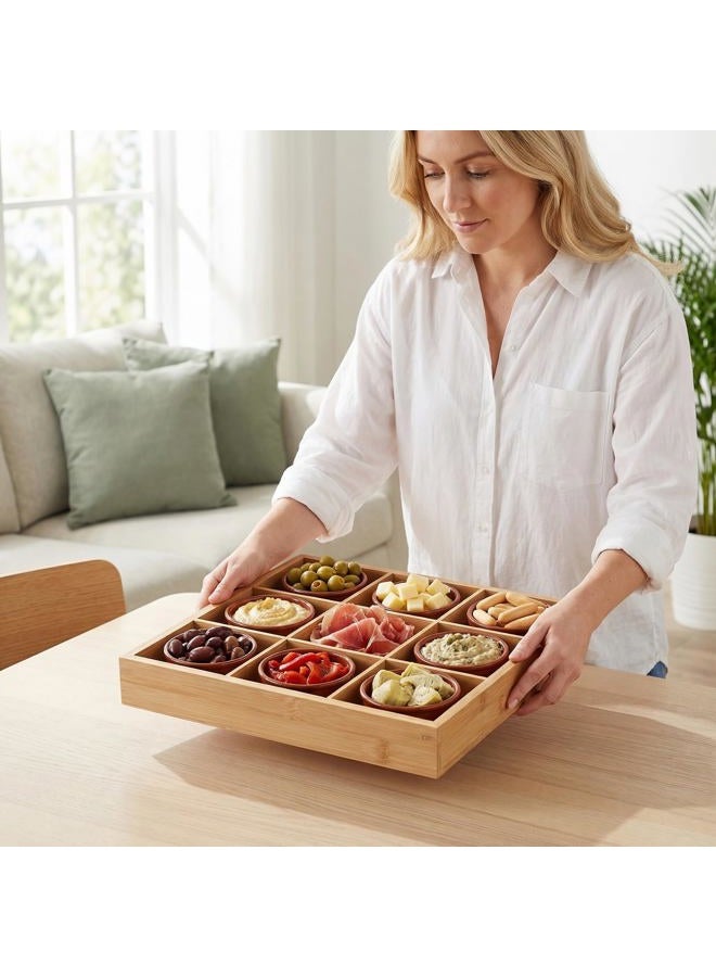 Cabilock 9-Compartments Wooden Divided Tray Shallow: Multifunction Drawer Organizer Veggie Serving Tray Divided Platter Food Server with Handle Candy Bowl Sushi Plate for Japanese Taco Dip Parties Chip Bowls - Image 3