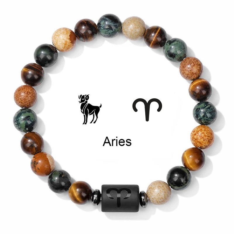 YILI 12 Zodiac Sign Bracelet with 8mm Tiger Eye and Picture Stone Beads - Handmade Natural Stone Jewelry - Image 1