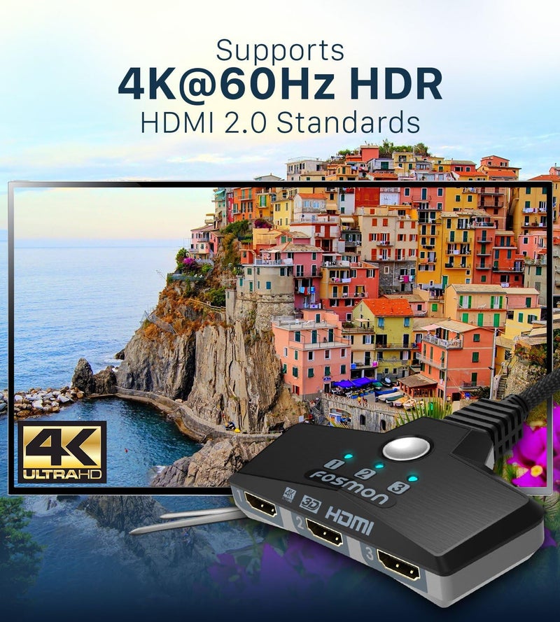 Fosmon 4K HDMI Switch 3 in 1 out 4K@60Hz, 3-Port HDMI Switcher HD 1080P 60Hz HDCP 2.2, HDMI Splitter Hub Compatible with HDTV, PS5/4, Xbox, Fire Stick - Image 2