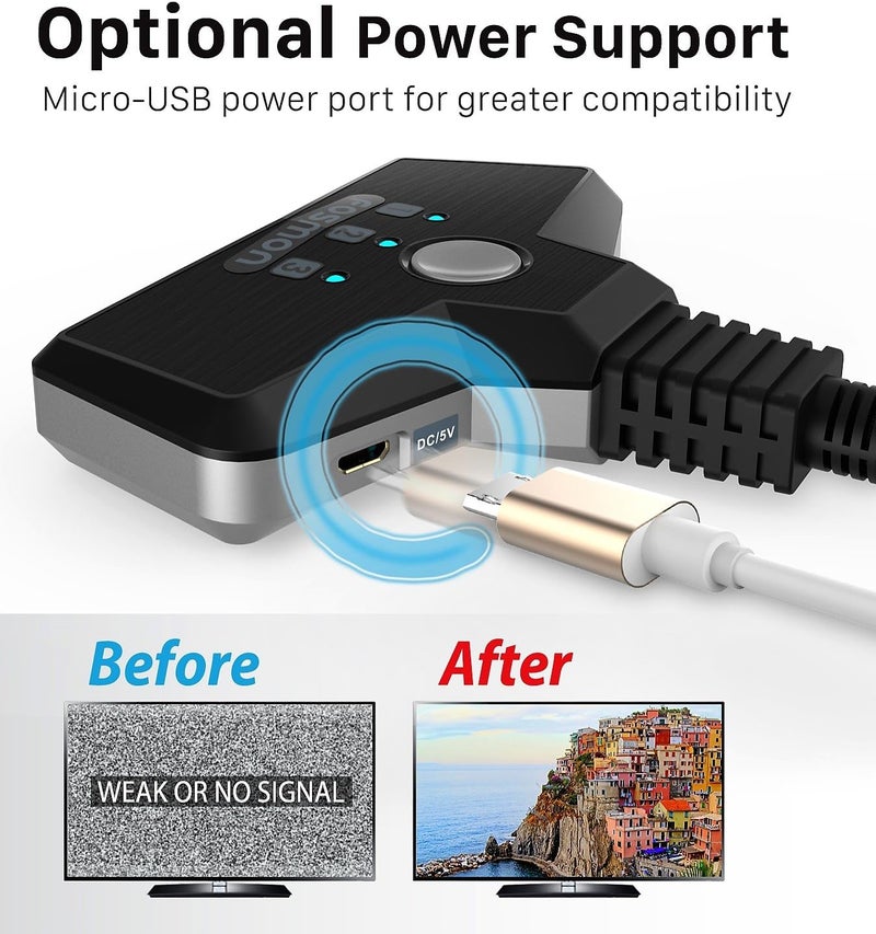 Fosmon 4K HDMI Switch 3 in 1 out 4K@60Hz, 3-Port HDMI Switcher HD 1080P 60Hz HDCP 2.2, HDMI Splitter Hub Compatible with HDTV, PS5/4, Xbox, Fire Stick - Image 5