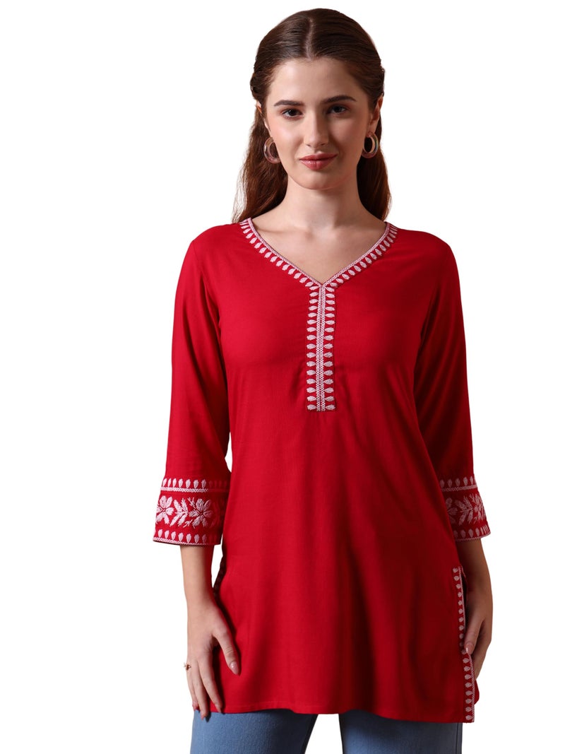 Yash Gallery Women’s Rayon Red Solid Short Kurti with Rubber Print 3/4 Sleeves & V-Neck – Stylish Casual Tunic Top with Side Slits & Smocked Back Detail for Ethnic Fusion Look - Image 1