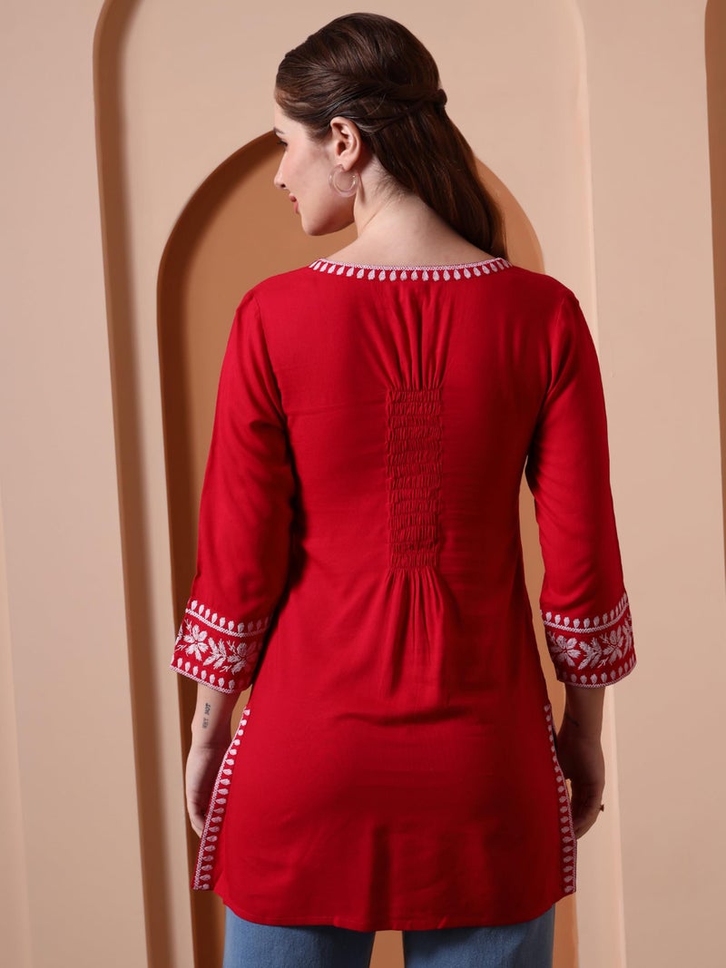 Yash Gallery Women’s Rayon Red Solid Short Kurti with Rubber Print 3/4 Sleeves & V-Neck – Stylish Casual Tunic Top with Side Slits & Smocked Back Detail for Ethnic Fusion Look - Image 4