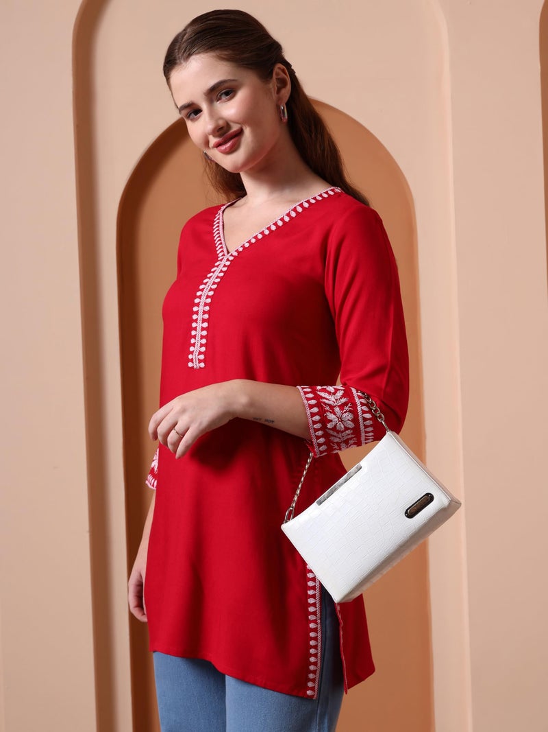 Yash Gallery Women’s Rayon Red Solid Short Kurti with Rubber Print 3/4 Sleeves & V-Neck – Stylish Casual Tunic Top with Side Slits & Smocked Back Detail for Ethnic Fusion Look - Image 3