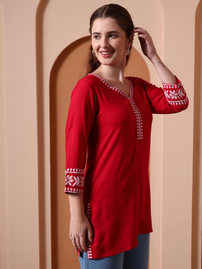 Yash Gallery Women’s Rayon Red Solid Short Kurti with Rubber Print 3/4 Sleeves & V-Neck – Stylish Casual Tunic Top with Side Slits & Smocked Back Detail for Ethnic Fusion Look - Image 2